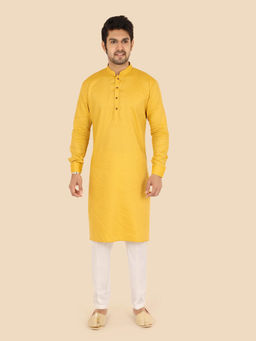 ETHNIKS NEURON - Men Mustard Textured Cotton Satin Full Sleeves Kurta with Pyjama