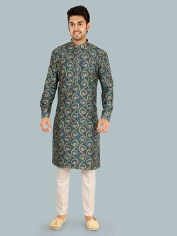 ETHNIKS NEURON - Men Blue Ethnic Motif Print Art Silk Full Sleeves Kurta with Pyjama