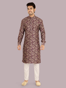 ETHNIKS NEURON - Men Brown Ethnic Motif Print Art Silk Full Sleeves Kurta with Pyjama