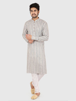 ETHNIKS NEURON - Men Grey Striped Pure Cotton Full Sleeves Kurta with Pyjama