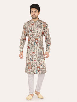 ETHNIKS NEURON - Men Cream Print Cotton Mandarin Full Sleeves Kurta with Pyjama