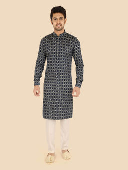 ETHNIKS NEURON - Men Navy Blue Bandhani Print Cotton Full Sleeves Kurta with Pyjama