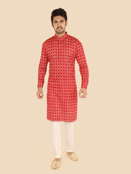 ETHNIKS NEURON - Men Red Bandhani Print Cotton Full Sleeves Kurta with Pyjama