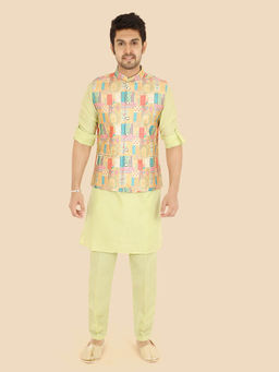 ETHNIKS NEURON - Men Green Geometric Print Cotton Silk Kurta with Pyjama and Jacket