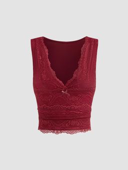 Cider - Maroon Self Design Lace Crop Top