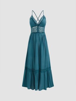 Cider - Teal Solid Lace Trim Tiered Maxi Dress