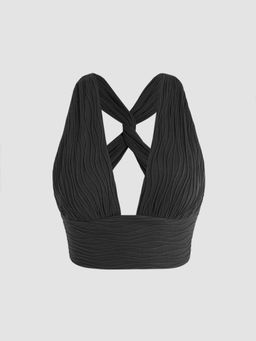 Cider - Black Textured Back Cross Crop Halter Top