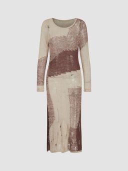 Cider - Brown Knit Patchwork Ripped Midi Dress