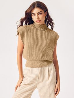Cider - Camel Solid High Neck Knit Vest Top