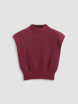 Cider - Maroon Solid High Neck Knit Vest Top