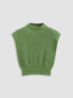 Cider - Green Solid High Neck Knit Vest Top