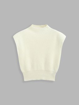 Cider - White Solid High Neck Knit Vest Top