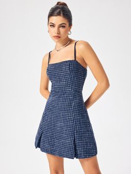 Cider - Blue Tweed Sleeveless Split Short Dress