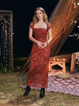 Cider - Red Paisley Pattern Mesh Maxi Dress