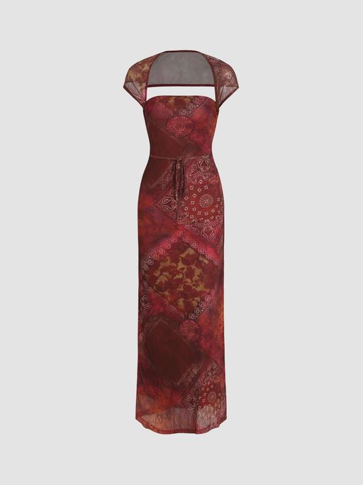 paisley pattern mesh maxi dress STAR Red Paisley Mesh Maxi Dress