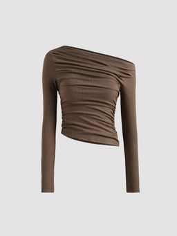 Cider - Brown Solid Asymmetrical Neck Long Sleeve Top