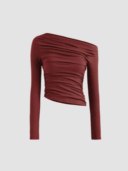 Cider - Maroon Solid Asymmetrical Neck Long Sleeve Top