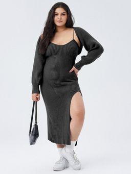 Cider - Black Curve and Plus Knit Solid Cami Split Midi Dress with Crop Shrug (Set of 2)