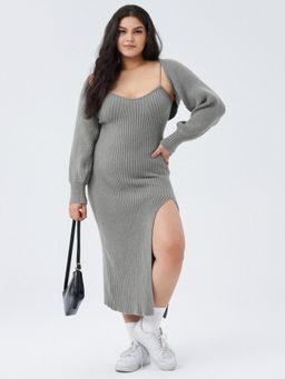 Cider - Grey Curve and Plus Knit Solid Cami Split Midi Dress with Crop Shrug (Set of 2)