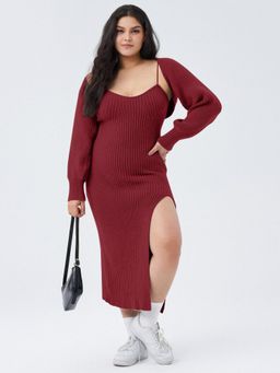 Cider - Maroon Curve and Plus Knit Solid Cami Split Midi Dress with Crop Shrug (Set of 2)