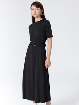 Cider - Black Solid Belted Knitted Midi Dress (Set of 2)
