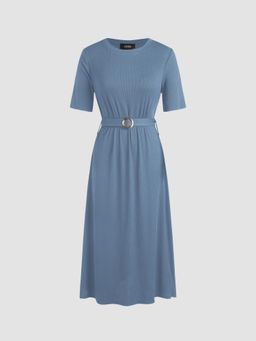 Cider - Blue Solid Belted Knitted Midi Dress (Set of 2)