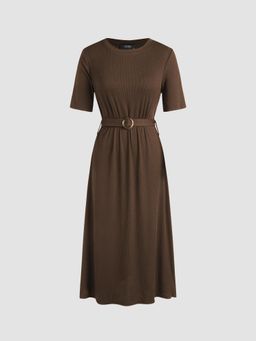 Cider - Brown Solid Belted Knitted Midi Dress (Set of 2)
