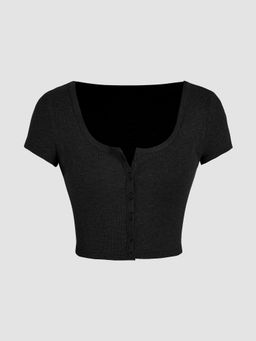 Cider - Black Solid Round Neck Button Up Crop Top