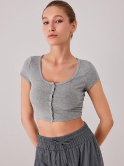 Cider - Grey Solid Round Neck Button Up Crop Top