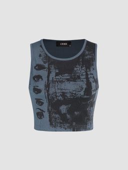 Cider - Blue Eye Pattern Sleeveless Tank Crop Top