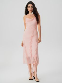 Cider - Pink Mesh Ruffle Hem Ruched Midi Dress ()