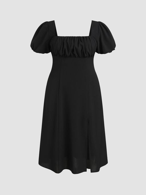 knee length dresses for ladies Black Square Neck Puff-Sleeve Midi Dress – trinarosh main image 0