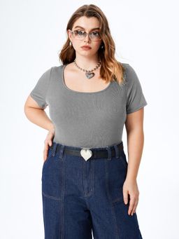 Cider - Grey Curve & Plus Solid Round Neck Short Sleeve Bodysuit