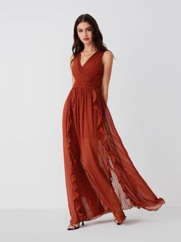 Cider - Brown V-Neck Self Design Ruffle Hem Maxi Dress