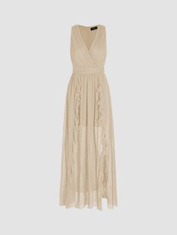 Cider - Khaki V-Neck Self Design Ruffle Hem Maxi Dress
