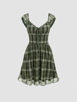 Cider - Green Check V-Neck Knotted Lettuce Trim Mini Dress