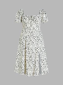 Cider - Curve & Plus White Fruit Square Neck Puff Sleeve Midi Dress