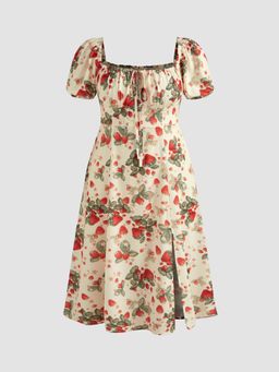 Cider - Curve & Plus Cream Fruit Square Neck Puff Sleeve Midi Dress