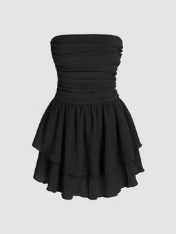 Cider - Black French Riviera Vacation Tube Ruched Ruffle Mini Dress