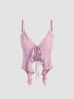 Cider - Pink Lace Ruffle Hem Knotted Knit Crop Top