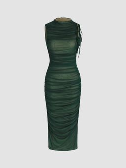 Cider - Green Mesh Ruched High Neck Midi Dress
