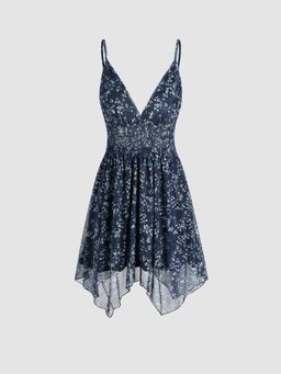 Cider - Blue Deep V-Neck Conversational Backless Ruffle Cami Mini Dress