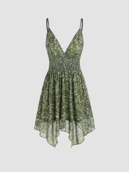 Cider - Green Deep V-Neck Conversational Backless Ruffle Cami Mini Dress