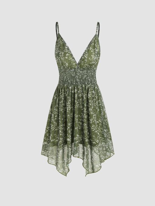 Buy Cider Green Deep V-Neck Conversational Backless Ruffle Cami Mini Dress  (S) Online