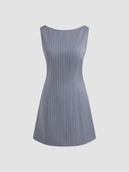 Cider - Grey Woven Boat Neck Striped Mini Dress