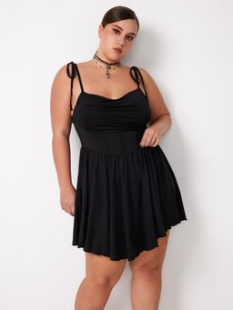 Cider - Curve & Plus Black Shoulder Strap Neck Corset Knotted Ruffle Mini Dress