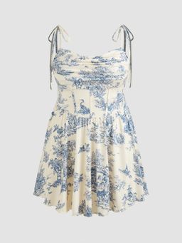 Cider - Curve & Plus Blue Shoulder Strap Neck Corset Knotted Ruffle Mini Dress