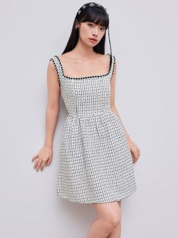 Cider - White Tweed Square Neckline Solid Mini Dress