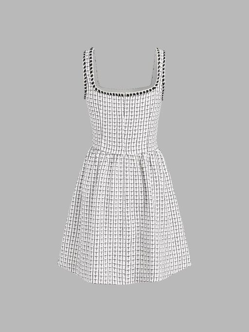 Buy Cider White Tweed Square Neckline Solid Mini Dress (XL) Online