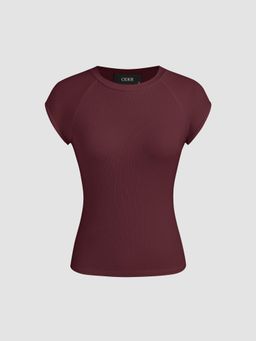 Cider - Burgundy Solid Round Neckline Short Sleeve Tee